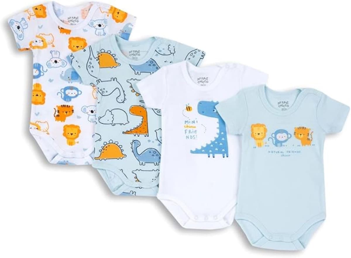 Chicco, Body Bebé Niño y Niña, Set de 4 Body con Mangas Cortas en 100% Algodón, Unisex Niño y Niña 0-24 Meses, Designed in Italy