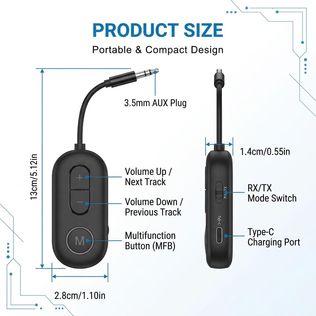2 in 1 Airplane Bluetooth 5.4 Transmitter Receiver, Wireless Aux Adapter 3.5mm Dual Connection Mini Wireless Car Transmitter Receivers for Airplane Home Car Headphones TV Gym Speakers — view 2