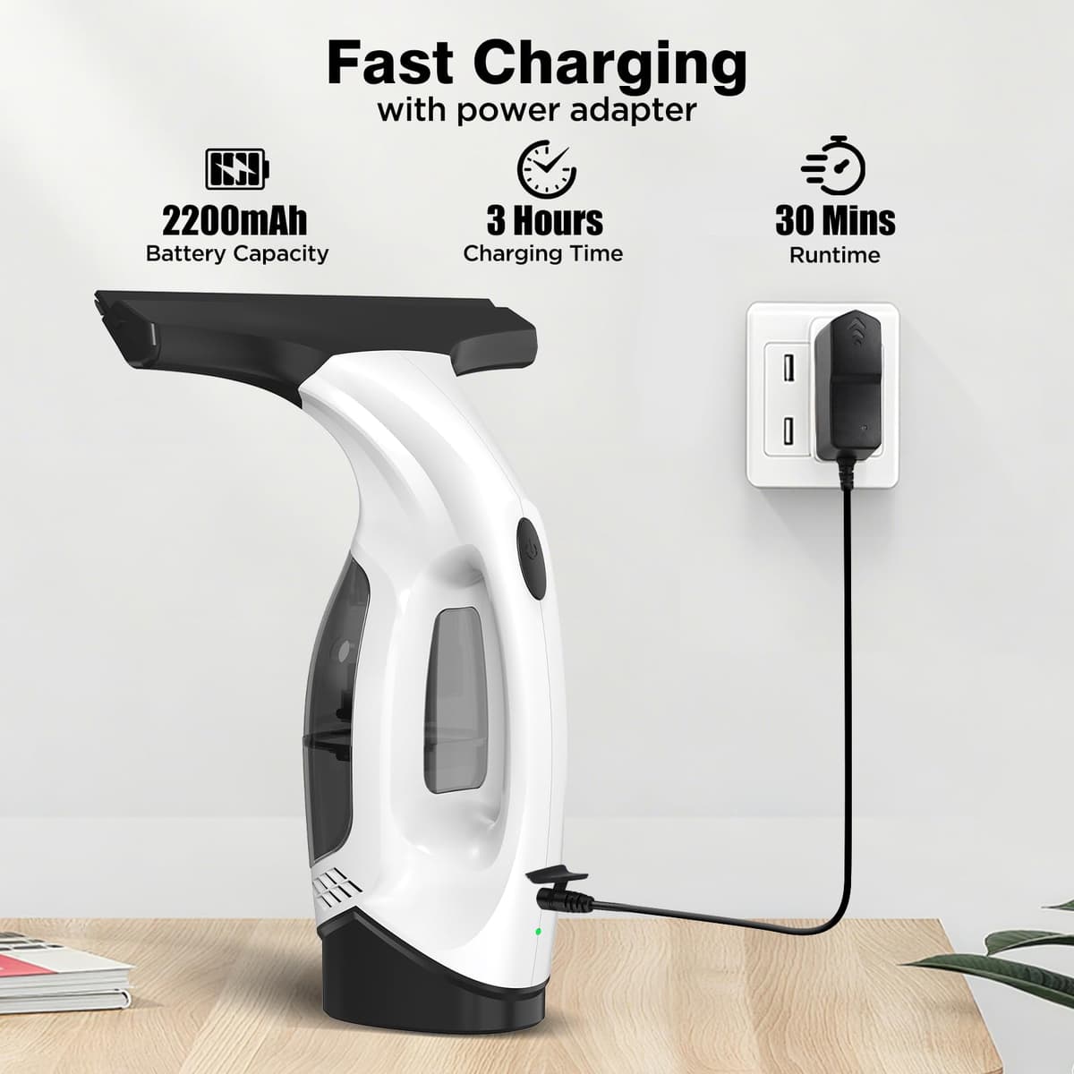 Window Vacuum Squeegee Cordless, 2000Pa Electric Window Cleaner Tool with 2200mAh & 150ml Water Collection Tank, Cleaning Kit Shower Squeegee for Glass Doors, Tiles, Mirrors, Car (White) — view 4