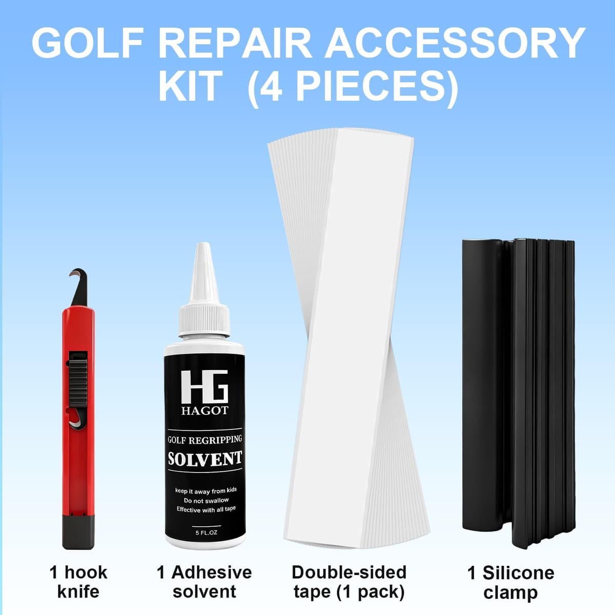 4 Piezas Kit de Agarre Golf, con Cinta Hoja Gancho Cintas Abrazaderas y Disolvente, para Reparación Cuñas Hierros — view 4