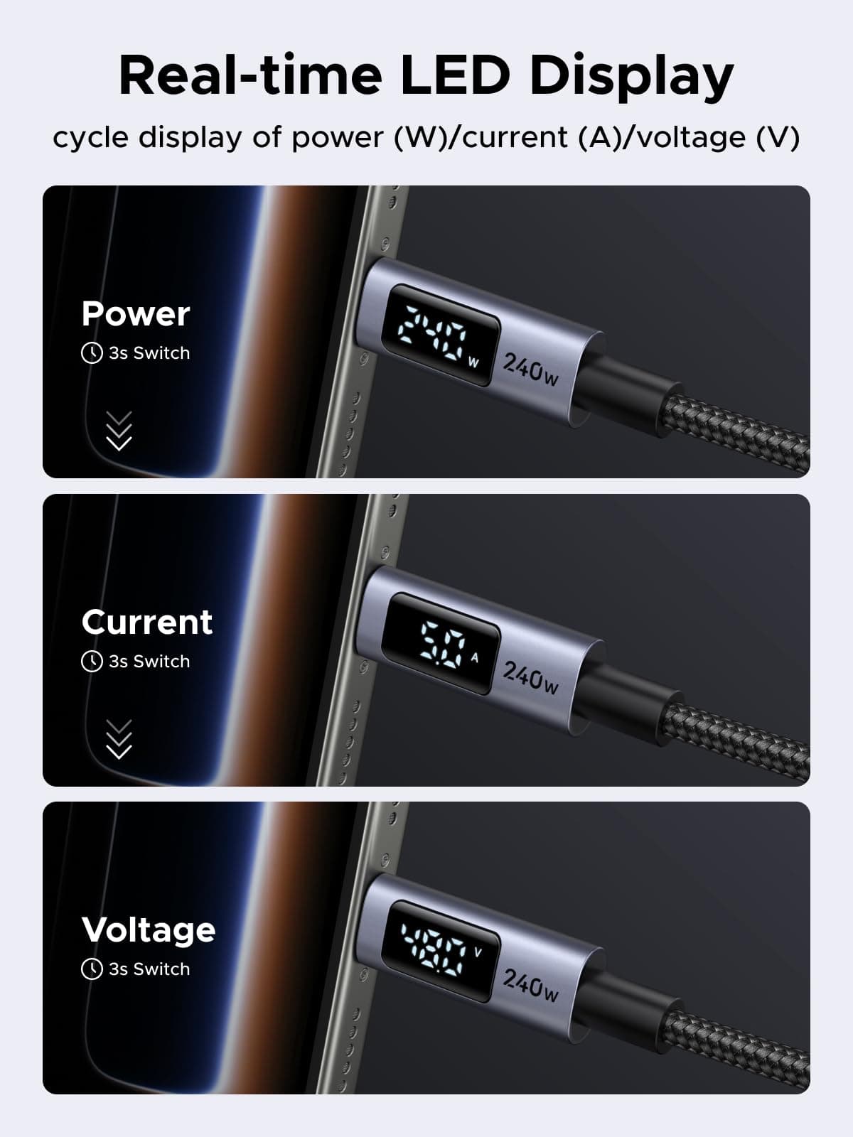 UGREEN 240W USB C to USB-C Cable with Digital Display PD 3.1 Type C to C Fast Charging Cable Compatible with MacBook Pro M4/Air, iPad Pro 2025, HP EliteBook, iPhone Air/17/16, Galaxy S25, 1M — view 3