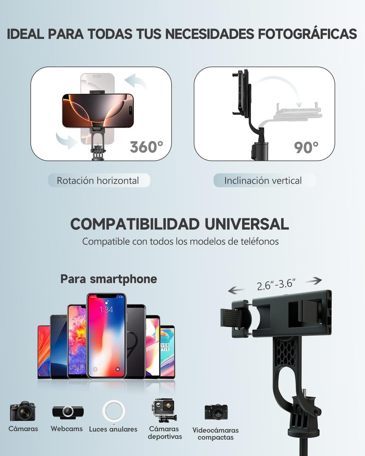RISEOFLE 180cm Tripode para Movil & Palo Selfie - Tripode Movil Extensible Portátil con Mando Inalámbrico, Compatible con iPhone/Samsung/GoPro/Cámaras — view 5