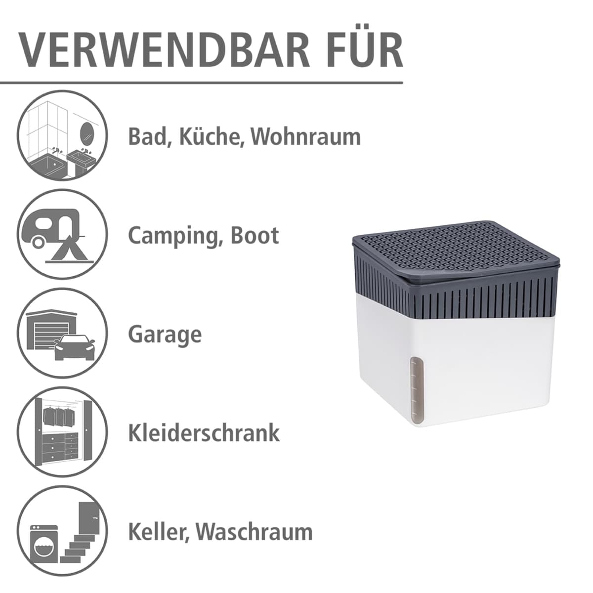 WENKO Deshumidificador Mod Cube, 1000 g, para habitaciones de hasta 80 m³, previene moho y malos olores, sin electricidad, silencioso, recargable, blanco — view 4