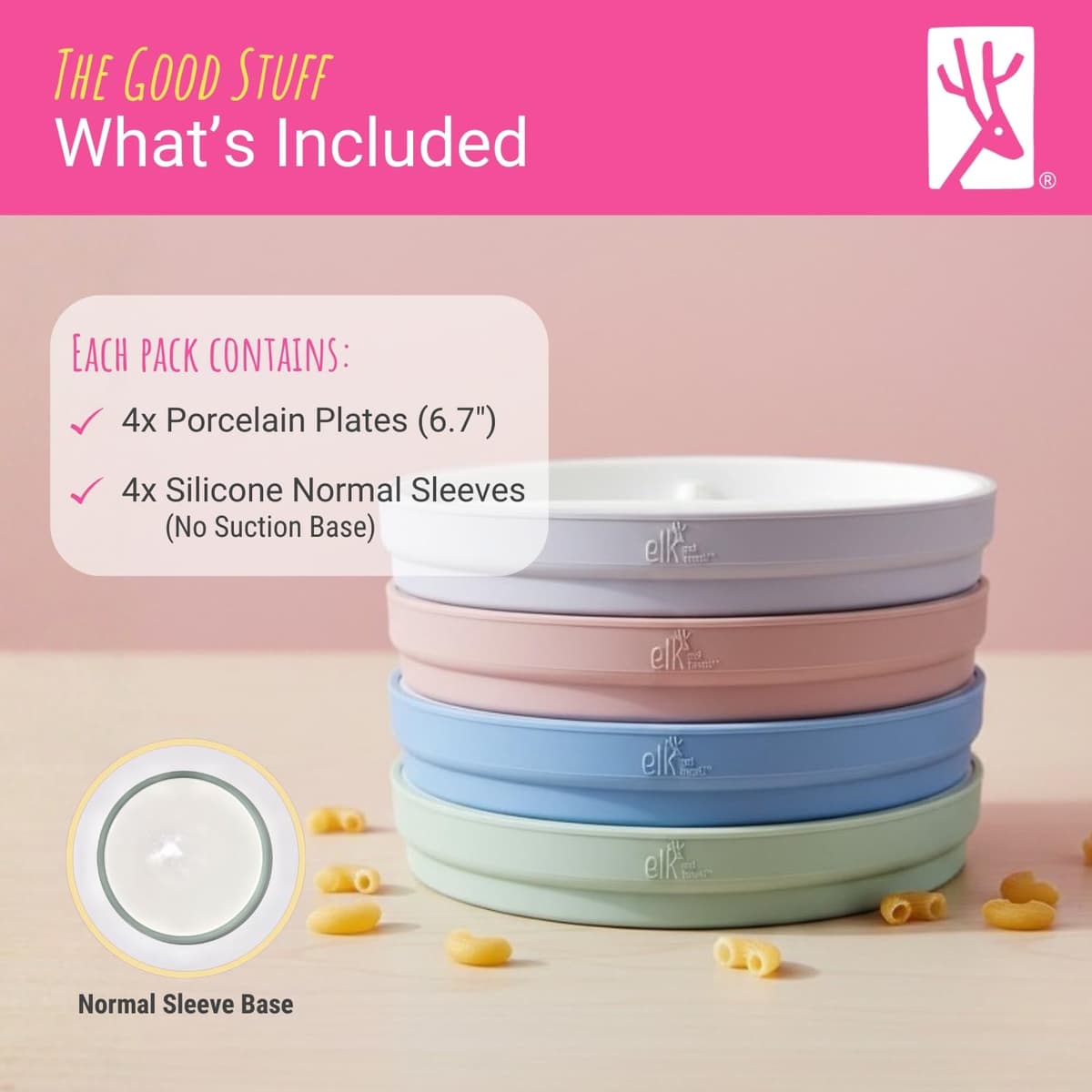 Elk and Friends Kids 6.7” Porcelain White Divided Plates with Silicone Sleeves | Suitable for Babies/Toddlers | Microwave & Dishwasher Safe | Non Slip Dinnerware | Snack Dishes | 4 Pack — view 7