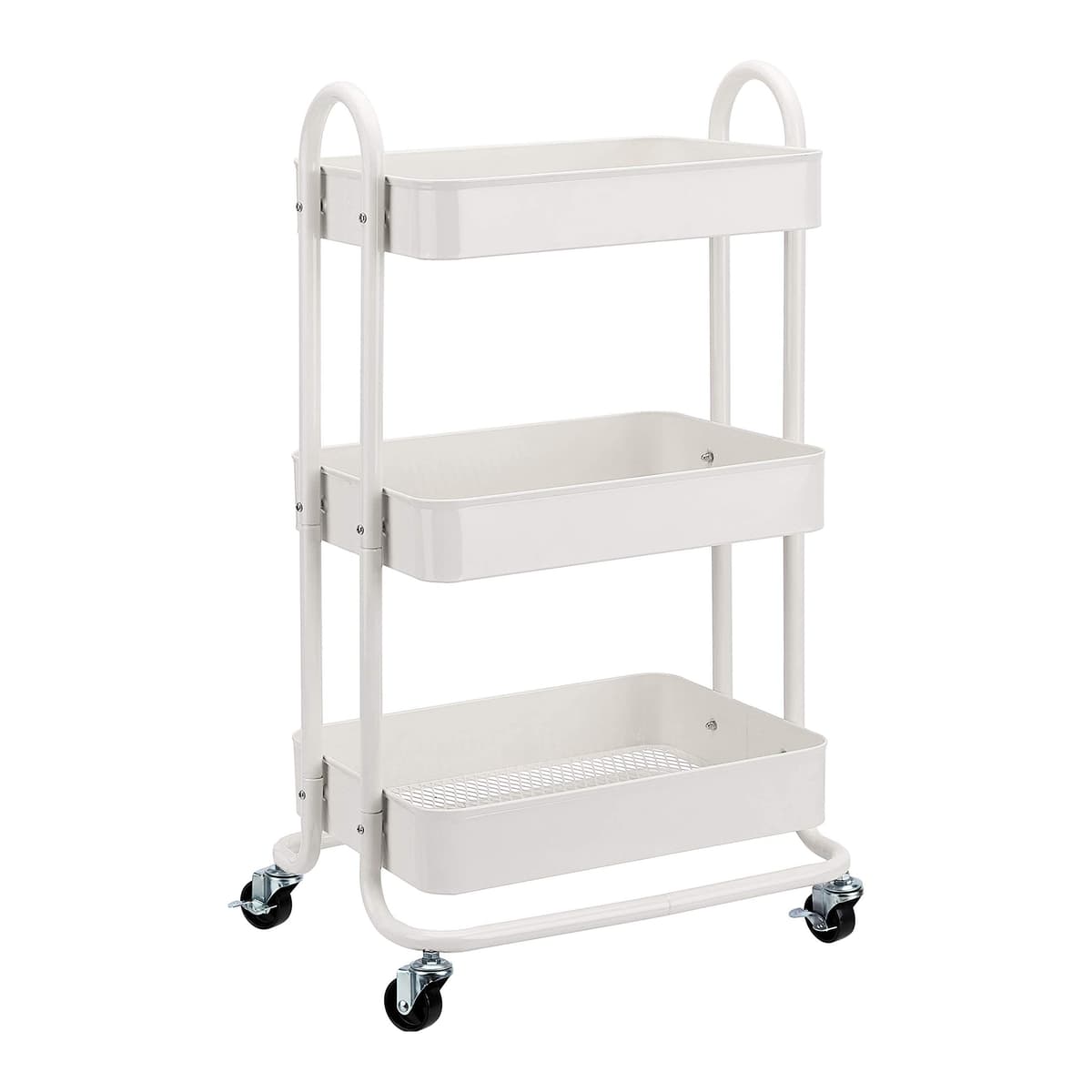 Amazon Basics Carrito de cocina o multiuso de tres niveles con ruedas en blanco