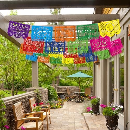 18 FT Cinco De Mayo Party Decorations, 1 Pack Fiesta Banner with 9 Plastic Papel Picado, Colorful Mexican Theme Party Flag Banner Dia De Los Muertos Day of the Dead Hanging Decor Home Party Supplies — view 6