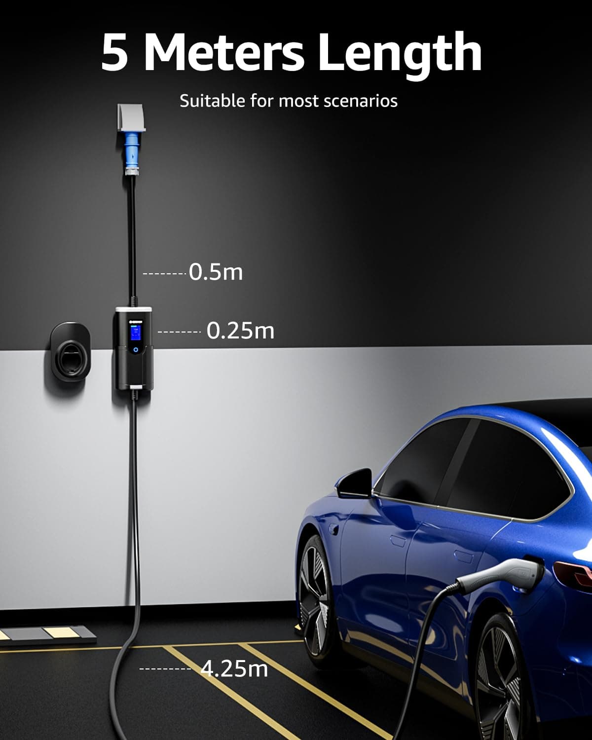 bokman EV Charger 7kW Type 2 to CEE Plug, 5M / 6-32A Adjustable Current / 1 Phase / IP65 Waterproof, Electric Car Charging Cable with LED Display and Commando Plug — view 2