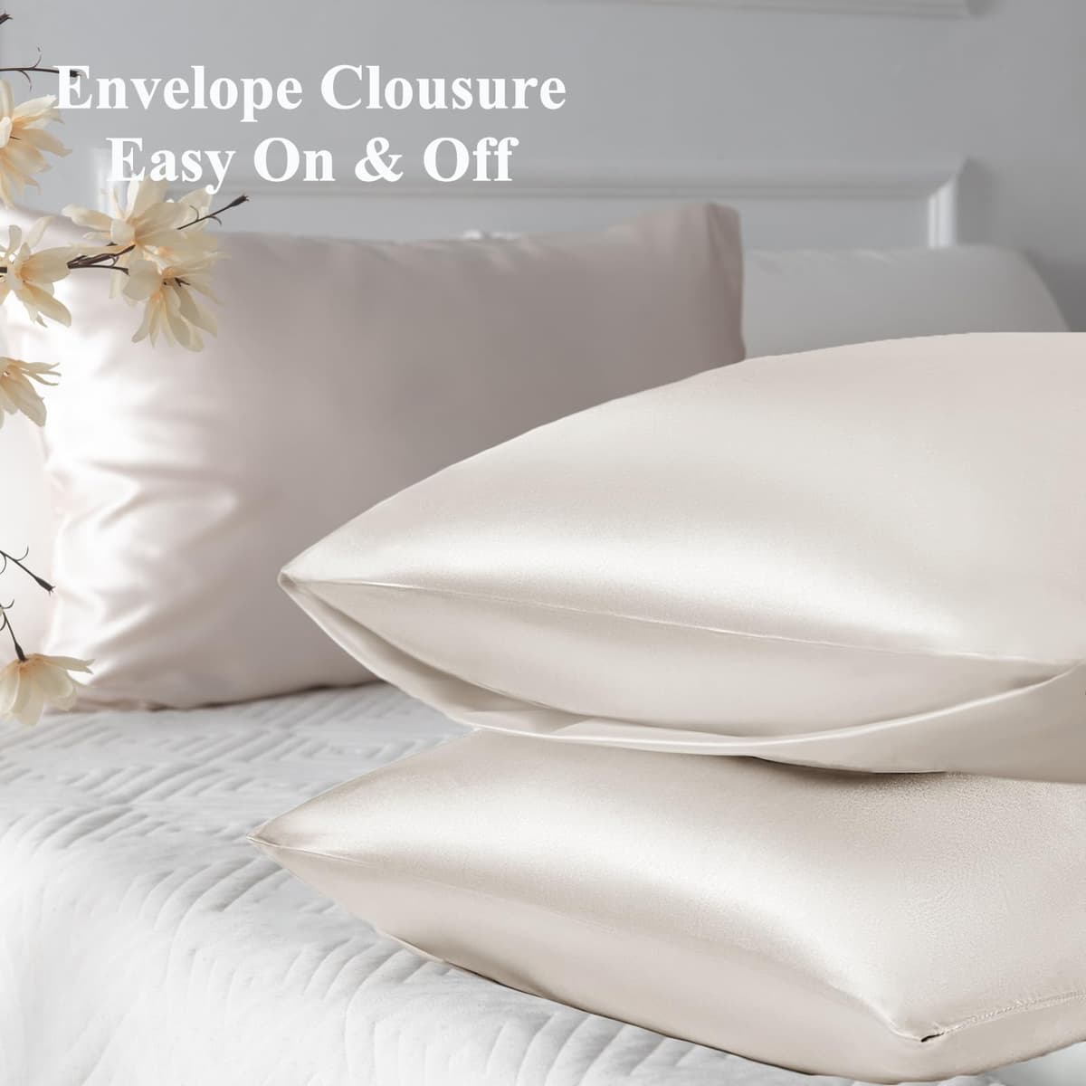 Vielit 2 Pack Satin Pillowcase for Hair and Skin Cooling,Soft as Silk Pillowcase for Hair and Skin,Easier Care than Silk Pillow Case Beige 50x75cm Gifts for Women Envelope & 2 Scrunchies — view 7