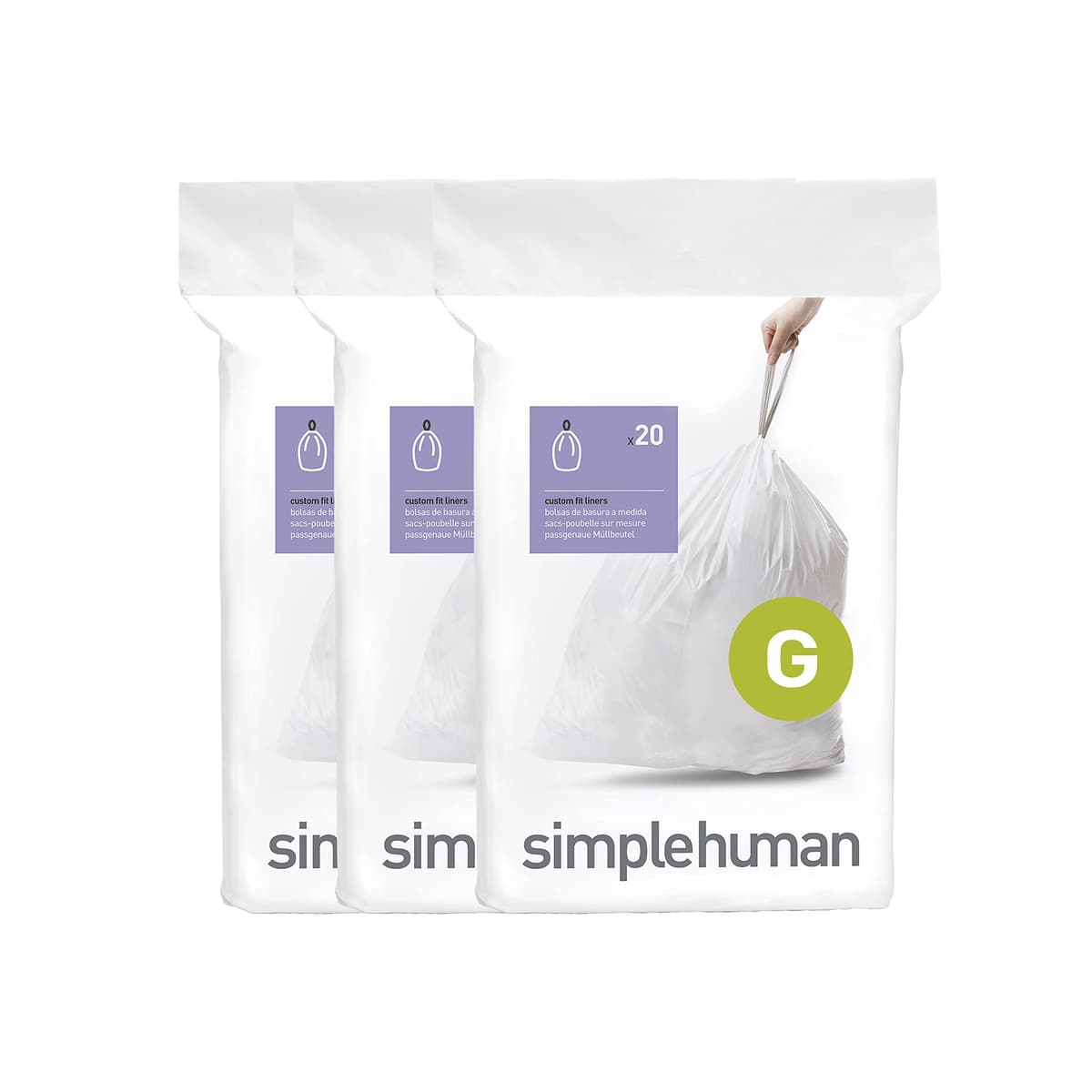 simplehuman CW0257 3 x paquete de 20 bolsas de basura a medida (60 bolsas), código G, plástico blanco