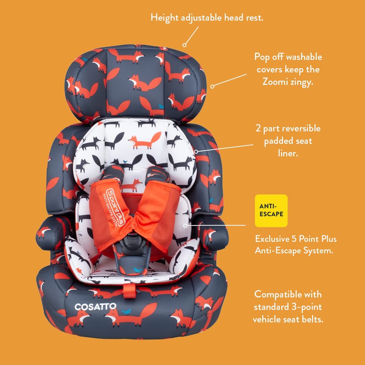 Cosatto Zoomi Toddler Car Seat & Booster Seat | 9 Months-12 Years | 5 Point Anti-Escape Harness, Adjustable Headrest, Removable Washable Covers - Forward Facing for Group 123 (Rev Up) — view 2