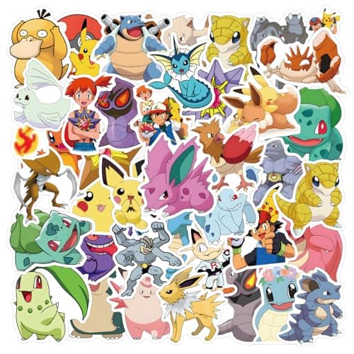 50pcs Cute Pokemon Cartoon Stickers for Water Bottle, Cool Monster Waterproof Vinyl Stickers for Adult Teen Girl Kids Laptop Skateboard Bike Guitar Laggage Travel Case Helmet Notebook Scrapbook