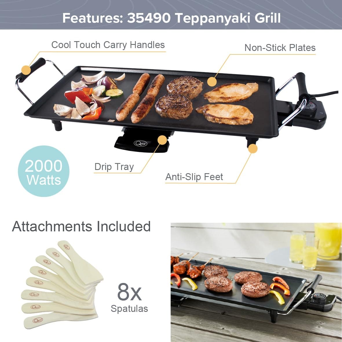 Quest Large Teppanyaki Grill, Non Stick Electric Grill, Adjustable Thermostat, Includes 8 Wooden Spatulas, For Parties, Family Meals & More, 48cm x 26cm Cooking Plate — view 2