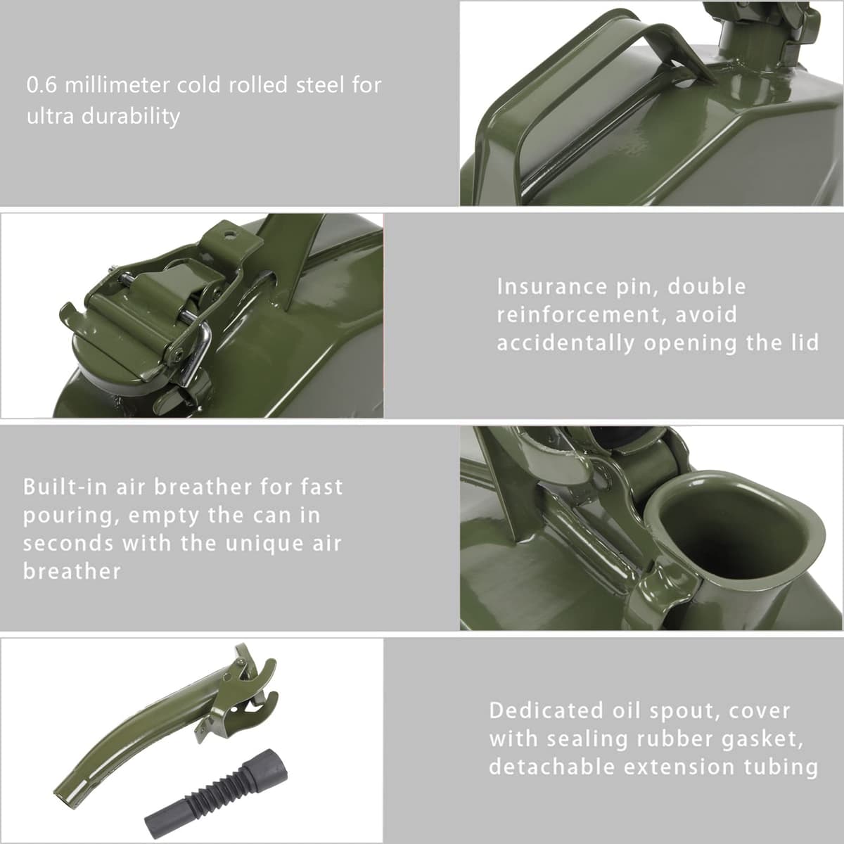 Metal Gas Can with Flexible Spout, Portable Fuel Tank Petrol Diesel Storage Can Water Container for Automobile Vehicle Off Road Emergency Supply (5L, Army Green) (5L, Army Green#2) — view 4