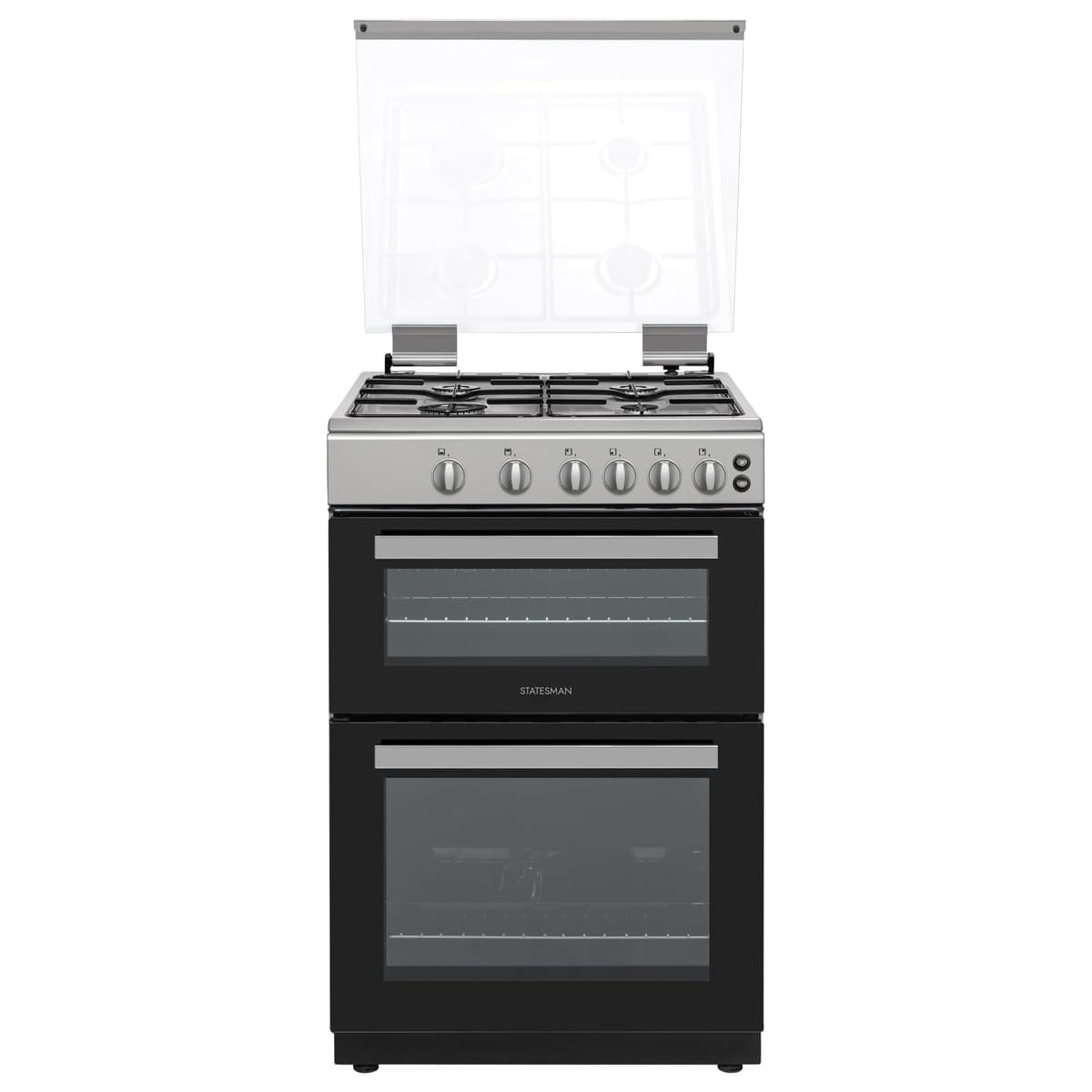 Statesman GDL60B Double Oven Gas Cooker with Glass Lid & Closed Door Grilling, 4 Gas Burners, 60cm Wide, Black — view 4
