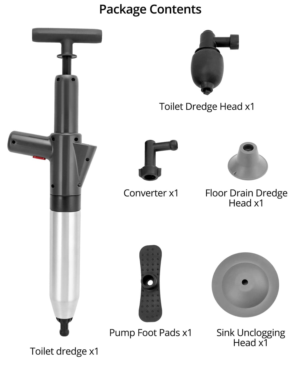 QWORK® Desatascador tuberías de alta presión con barómetro de presión para inodoro/lavabo/drenaje de piso/tubería - incluye 4 cabezales reemplazables,Negro — view 2