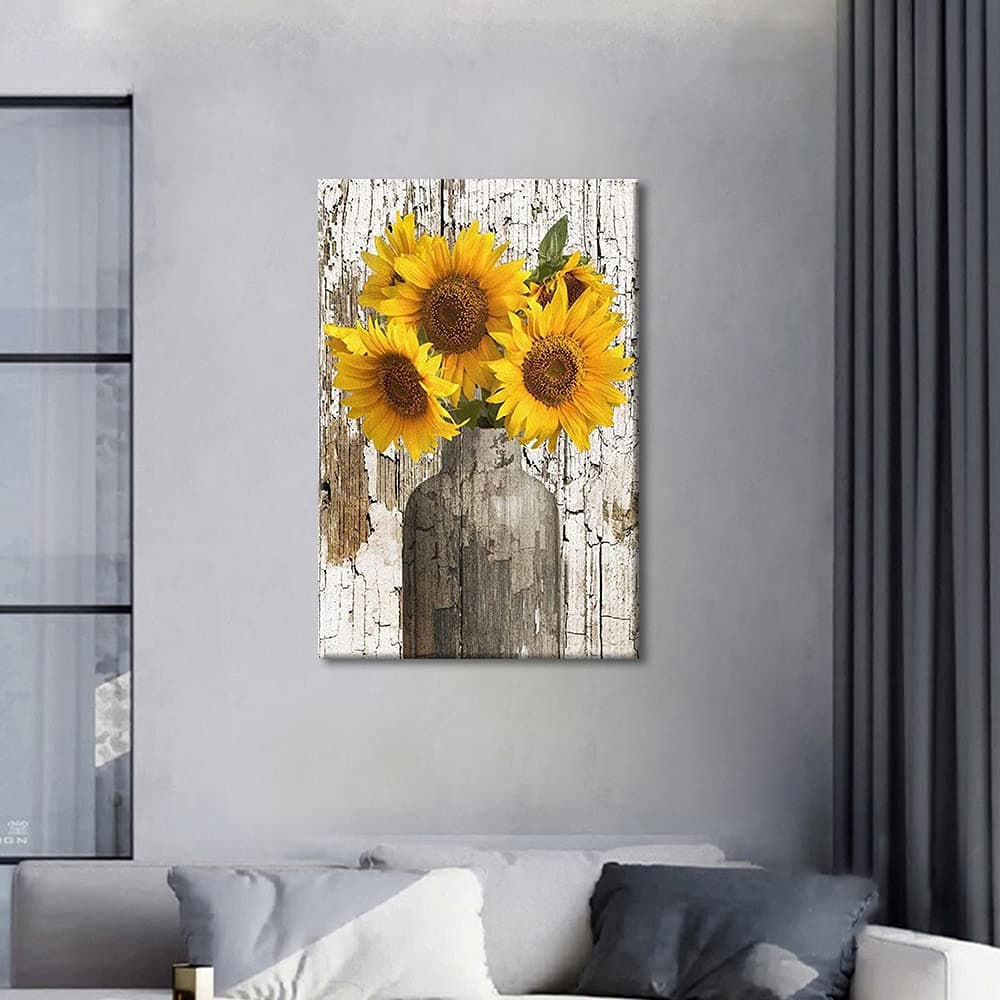 TISHIRON Rustic Yellow Sunflower in Vase Farmhouse Cottage Countryside 18"x12" Canvas Wall Art Prints Framed Picture Photo Painting Home Decor Ready to Hang — view 4