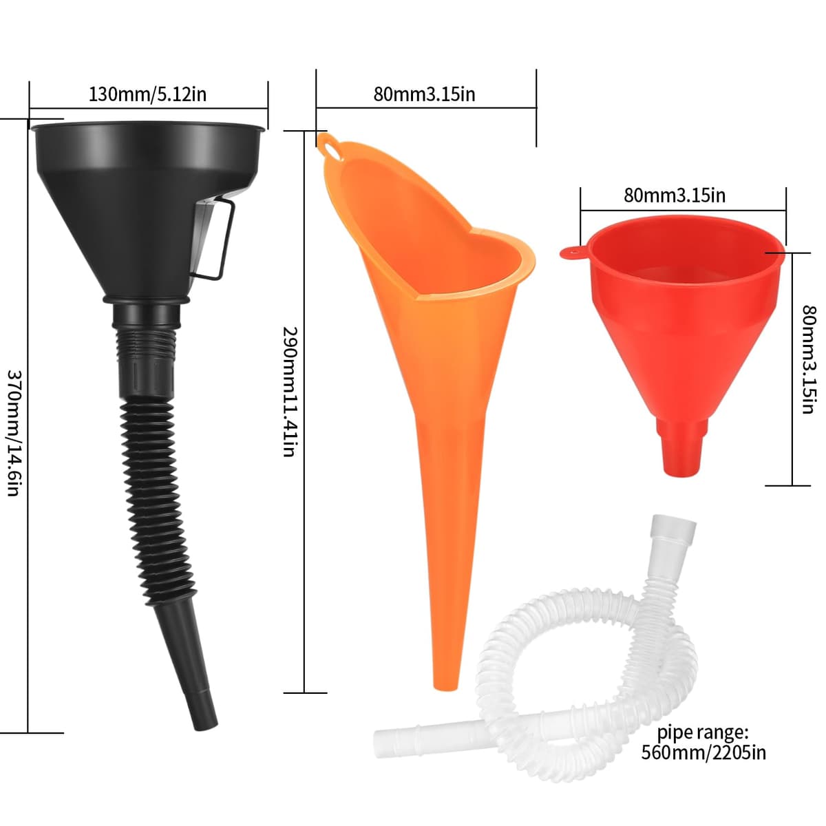 3 Pcs Right Angle Flexible Plastic Funnel Set, Universal Car Gasoline Fuel Petrol Engine Funnel with Detachable Spout and Long Mouth Funnels for Motorcycle Car Automotive (Red/Orange/Black-3PCS) — view 2