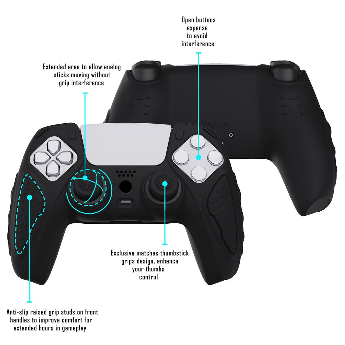 playvital Black Knight Edition Anti-Slip Silicone Cover Skin for ps5 Controller, Soft Rubber Case for ps5 Wireless Controller with Black Thumb Grip Caps — view 3