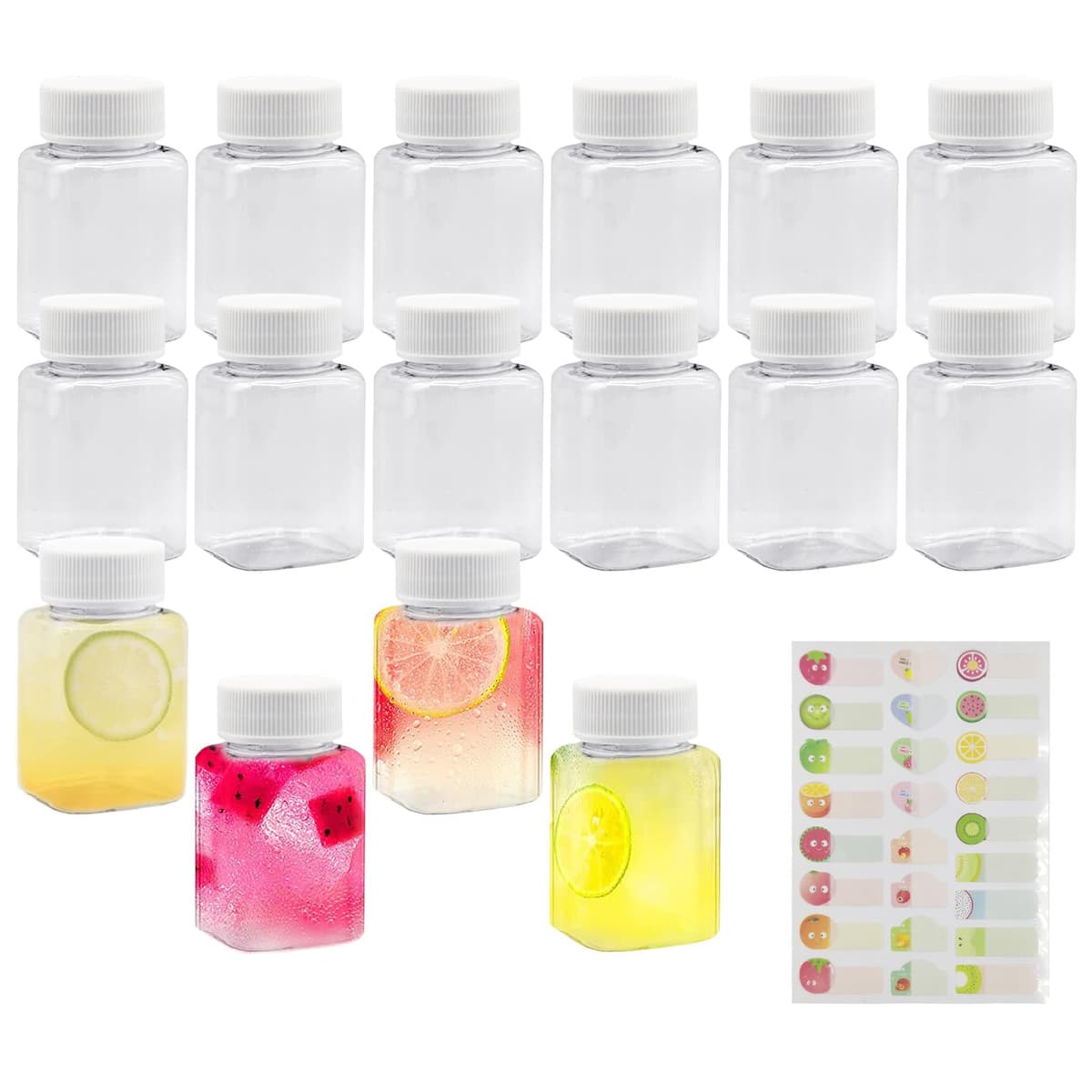 16 Piezas Botellas de Jugo Reutilizables 100ML, Mini Botella de Plástico Cuadrado Transparente y Pegatinas, Botellas de Plástico con Tapa para Guardar Zumo Batidos Bebidas
