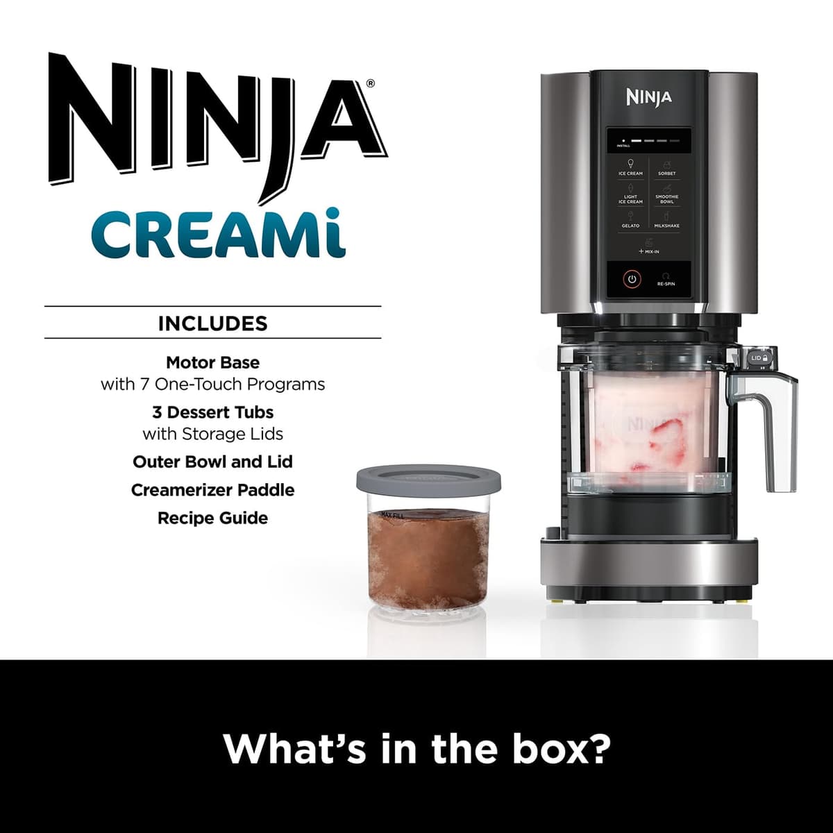 Ninja CREAMi Ice Cream Maker & Frozen Dessert Maker with 3 Tubs, 7 Programs, Makes Ice Cream, Gelato, Sorbet, Smoothie Bowl, Milkshakes and more, Black/Silver, Makes 1.4L of Ice Cream, NC300UK — view 2