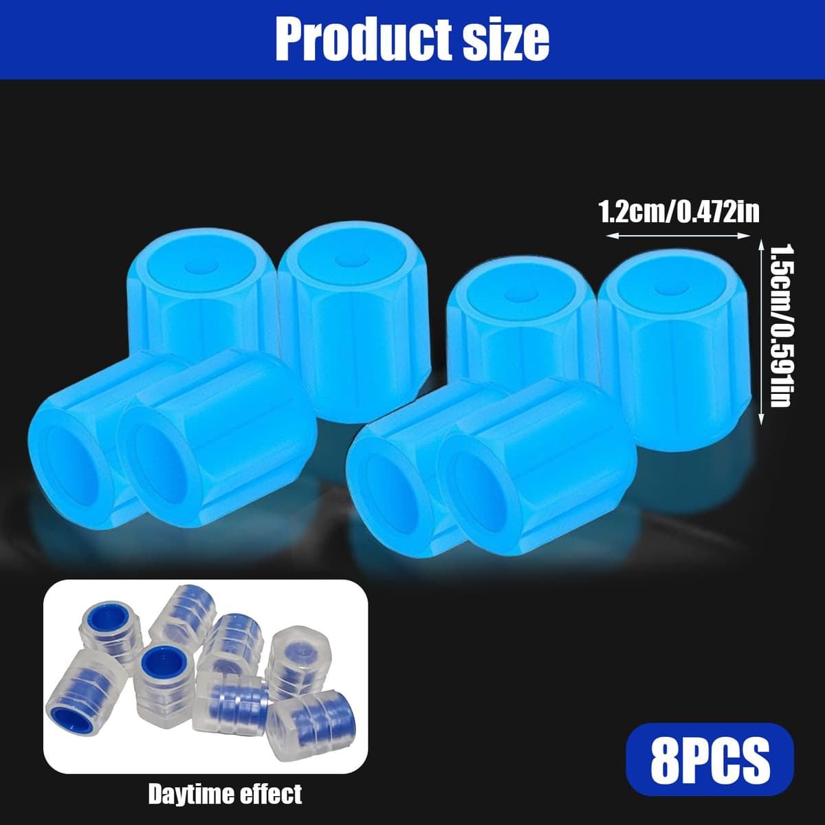 8PCS Dust Caps for Car Bike Tyres Universal Fluorescent Tire Valve Caps Glow in the Dark Car Bike Wheel Stem Covers, Durable Dust Caps Fit for Car, Children's Bicycles Safe at Night (Blue) — view 2