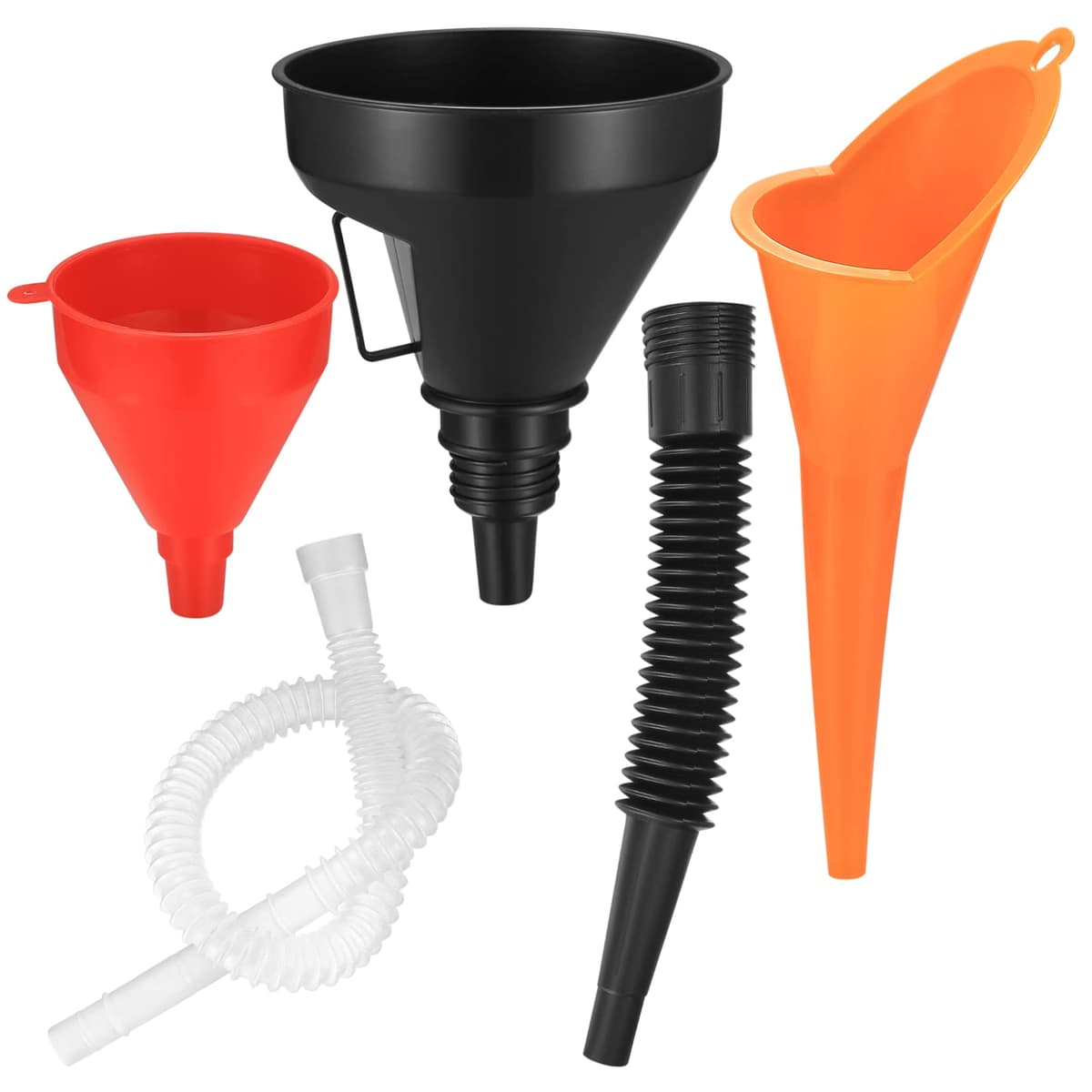 3 Pcs Right Angle Flexible Plastic Funnel Set, Universal Car Gasoline Fuel Petrol Engine Funnel with Detachable Spout and Long Mouth Funnels for Motorcycle Car Automotive (Red/Orange/Black-3PCS)