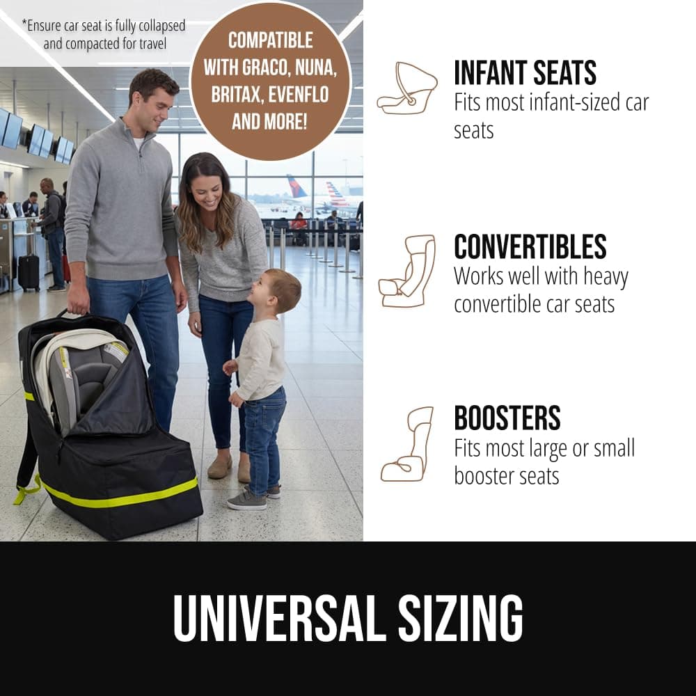 GORILLA GRIP Tear and Water Resistant Padded Car Seat Travel Bag for Airplane and Airport, Universal Fit Baby Carseat Bags, Holds Up to 50lbs, Handle & Shoulder Straps, Air Gate Check Carrier, Yellow — view 3