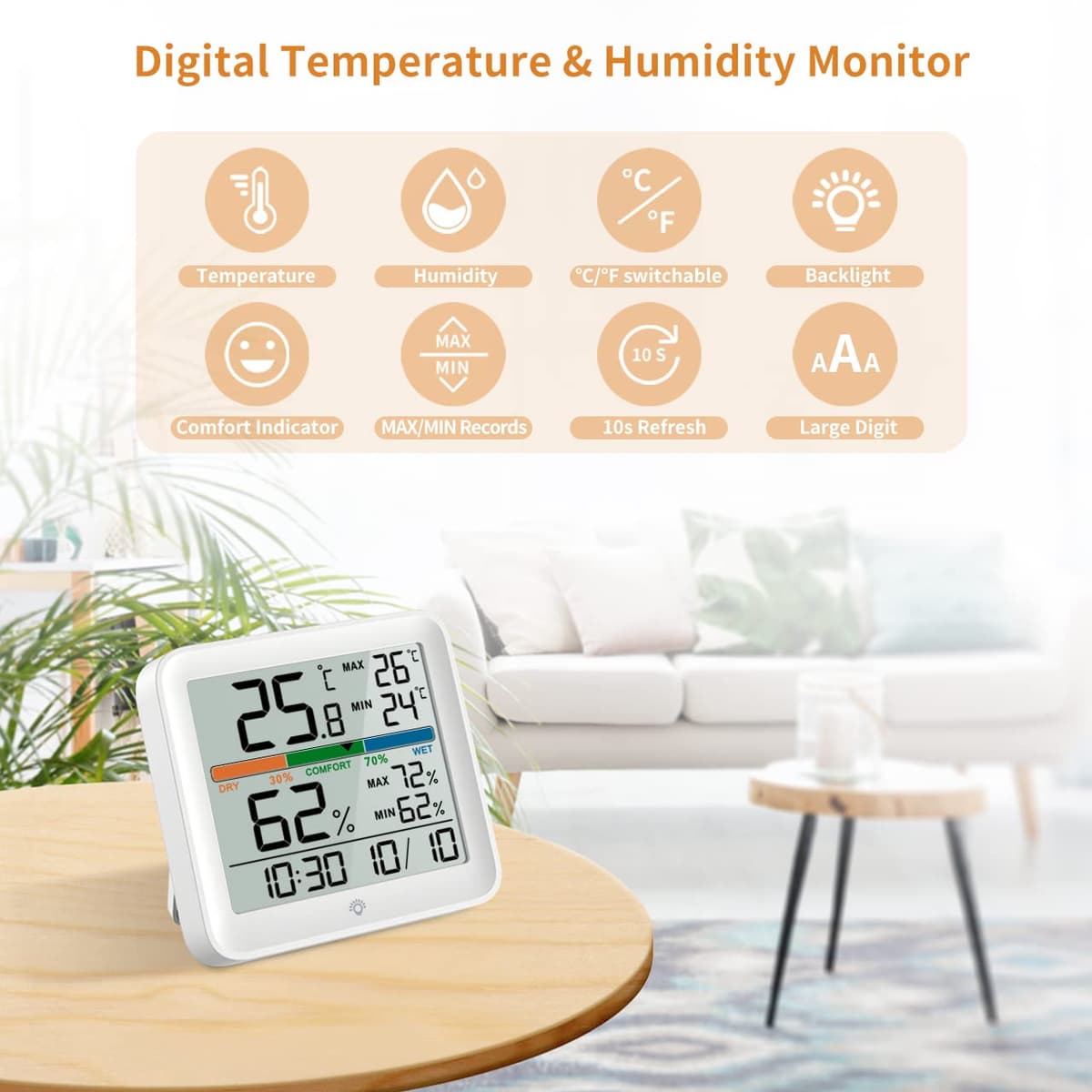 NOKLEAD Higrómetro Termómetro para interiores - Medidor digital de humedad de la habitación Medidor de monitor de temperatura preciso Registros máximos/mínimos, LCD táctil con reloj retroiluminado — view 3
