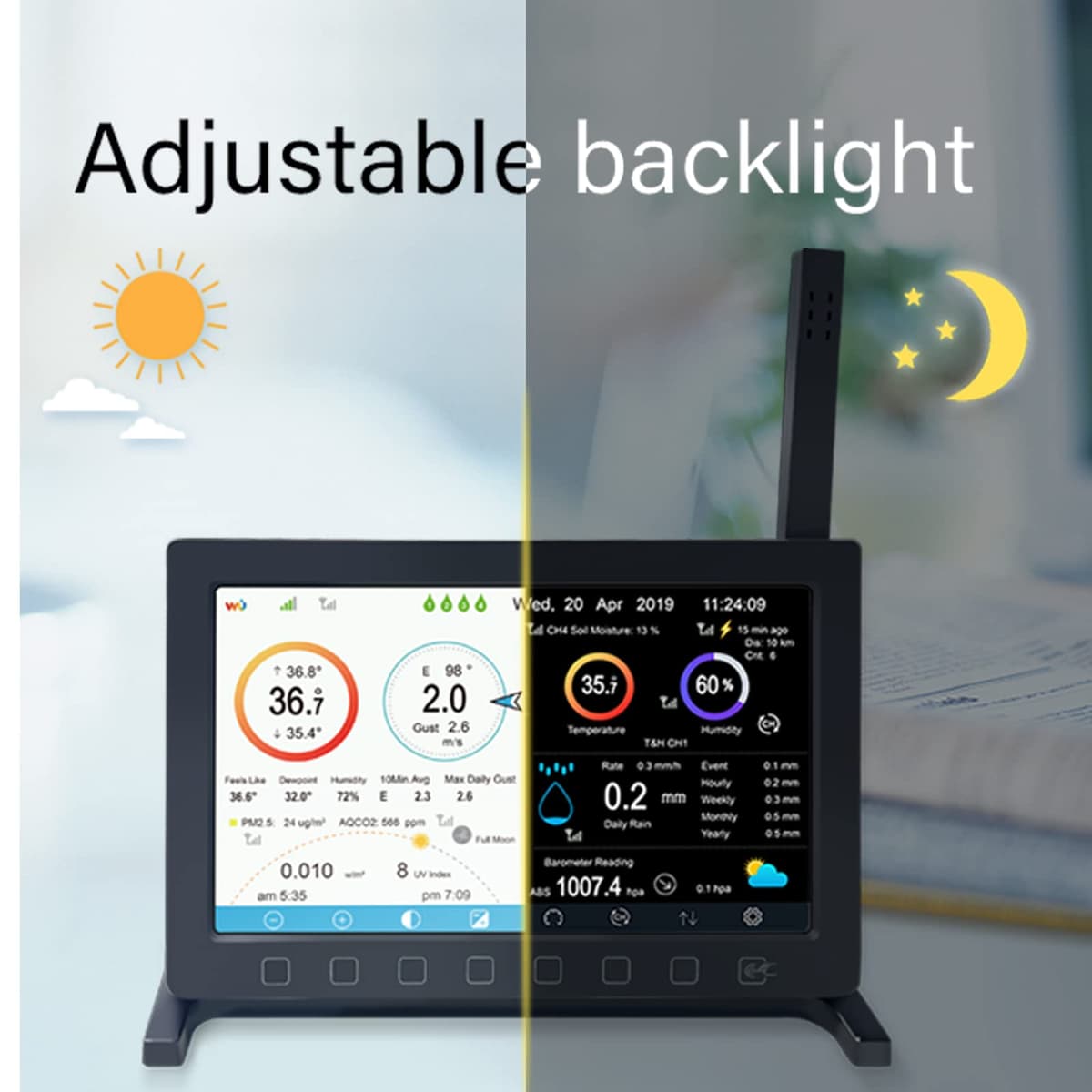 ECOWITT HP2560 Consola para estaciones meteorológicas, pantalla interior TFT en color de 7 pulgadas con botón táctil, accesorio, sensores 3 en 1 incorporados, compatible con exteriores WS90/WS85/WS69 — view 3
