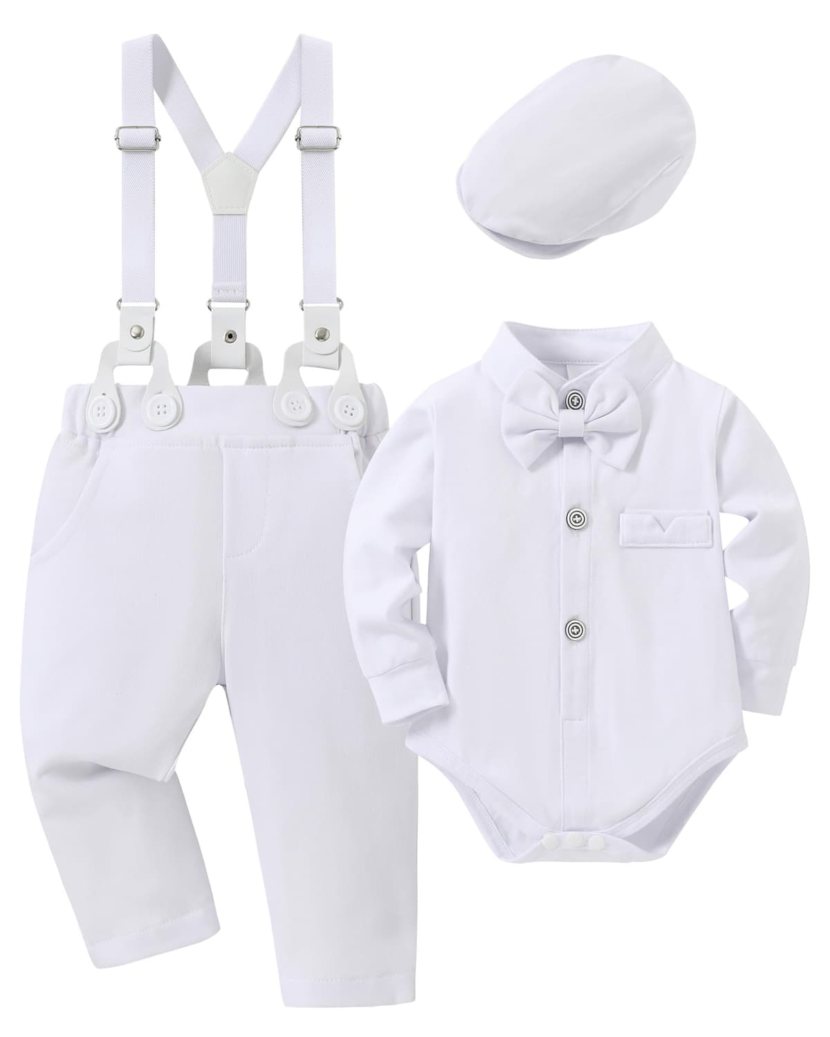 SOLOYEE Baby Boy Clothes Suits 6-9 Months Baby Boys Formal Wedding Outfits Long Sleeve Dress Shirt + Suspender Pants + Bowtie + Beret Gentleman Clothing Set (Capri Blue, 6-9 Months) — view 2