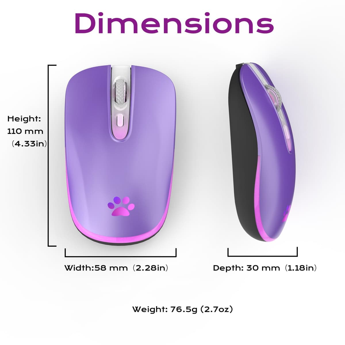 Wireless Mouse, 2.4G & Bluetooth Mouse for Laptop Slim Silent Mice with USB Receiver, 7 Color Backlit LED, 1000/1200/1400/1600 DPI Optical Computer Mice, Compatible with PC, Mac, Laptop, Purple — view 2