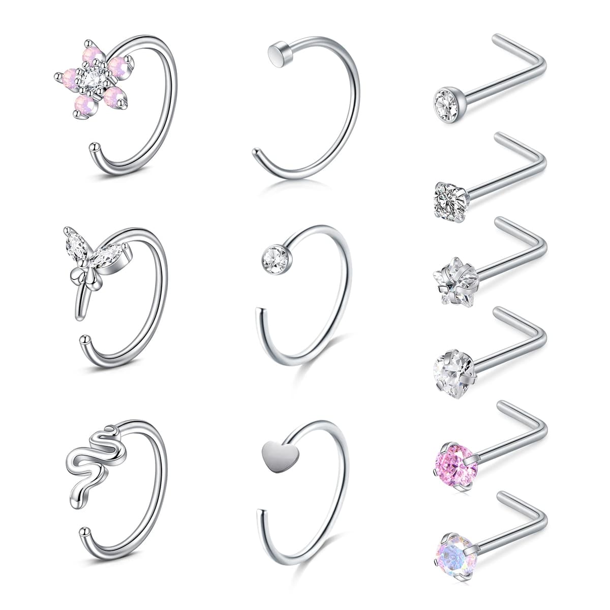 WillTen 20G Nose Studs L Shape Women Nose Studs Colorful Diamond CZ Silver Stainless Steel Heart Start Piercing Jewelry — view 13