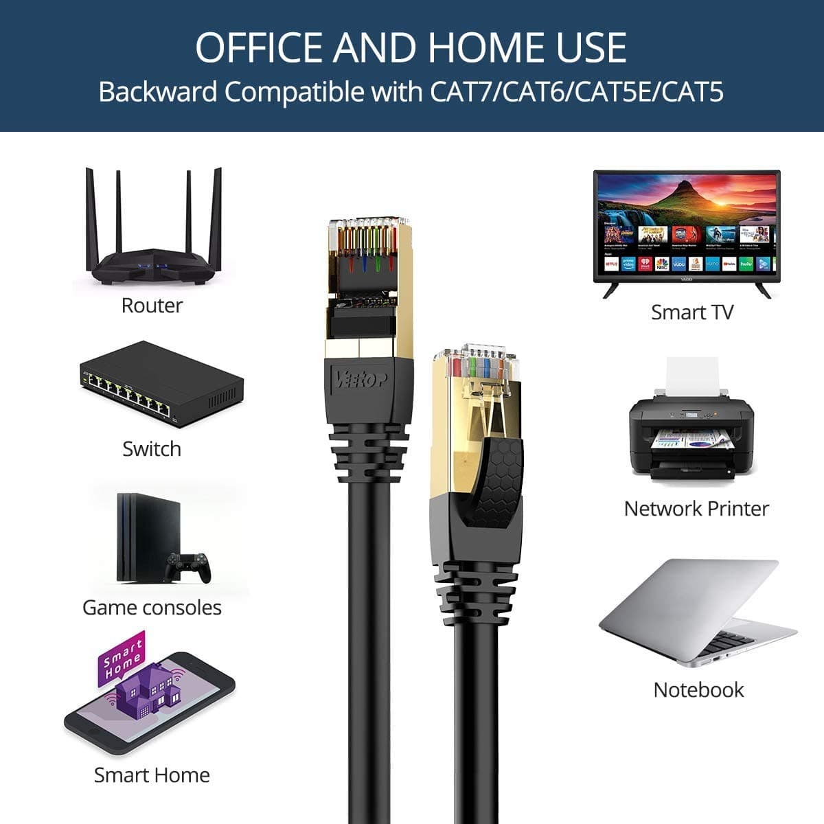 VEEtOP Cable Ethernet Cat 8 de Red con Conectores rj45 Oro para 40 Gigabit Internet LAN 2m Negro — view 4