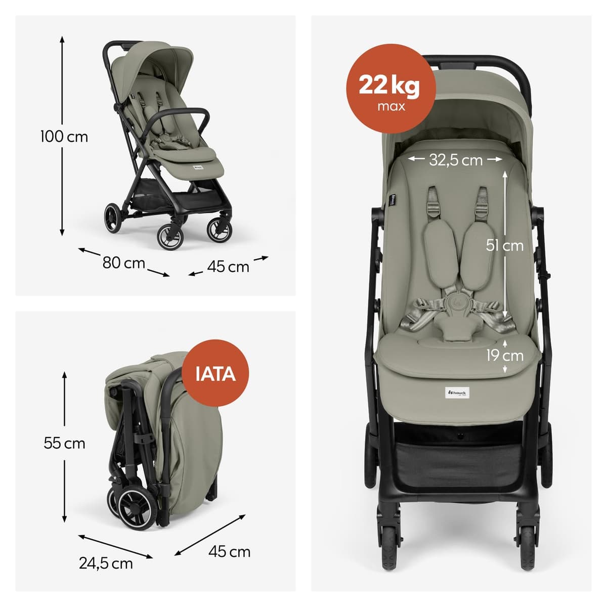 Hauck Fly N Care, Sage Green - Ultra Compact & Light Travel Pushchair (7.5kg) with One Hand Fold, Carry Strap & Bag, Seat Liner, Car Seat Adapter, UPF 50+ Sun Canopy, Fully Reclining Birth to 22 kg — view 3
