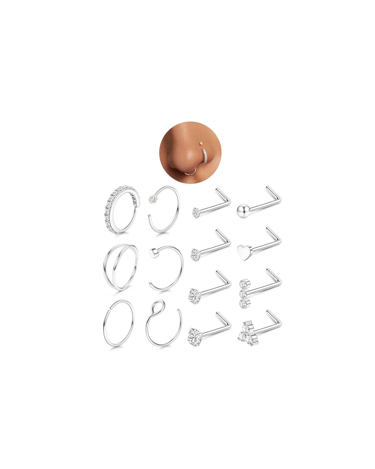 CASSIECA 14 Piezas 20G Piercing Nariz Acero Quirurgico Piercing Forma de L Nariz Studs Piercing Nariz Aro Hipoalergénico Anillos de Nariz Plata Oro Mujer Hombre Joyeria Piercing