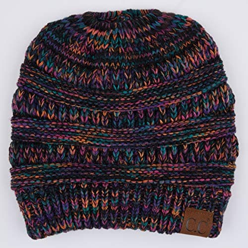 C.C Soft Stretch Cable Knit Messy Bun Ponytail Beanie Winter Hat (MB-816A) (Black Multi(32)) — view 2