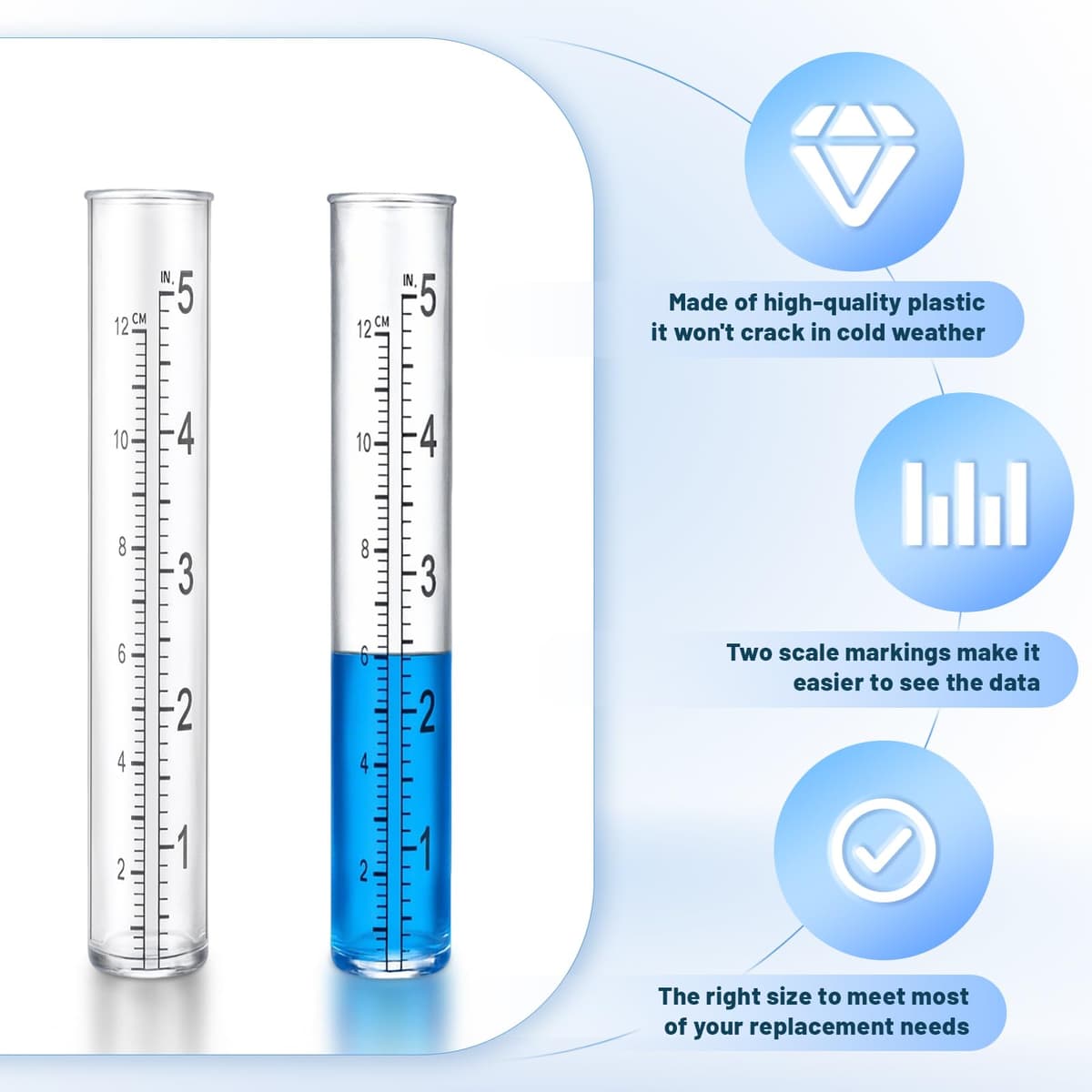 Larrel 2 Pcs Plastic Rain Gauge Replacement Tubes, 5 Inch Clear Practical Outdoor Rain Gauges with Dual Scales Outdoor Rains Gauges for Outdoors Garden Yard Home Using — view 4