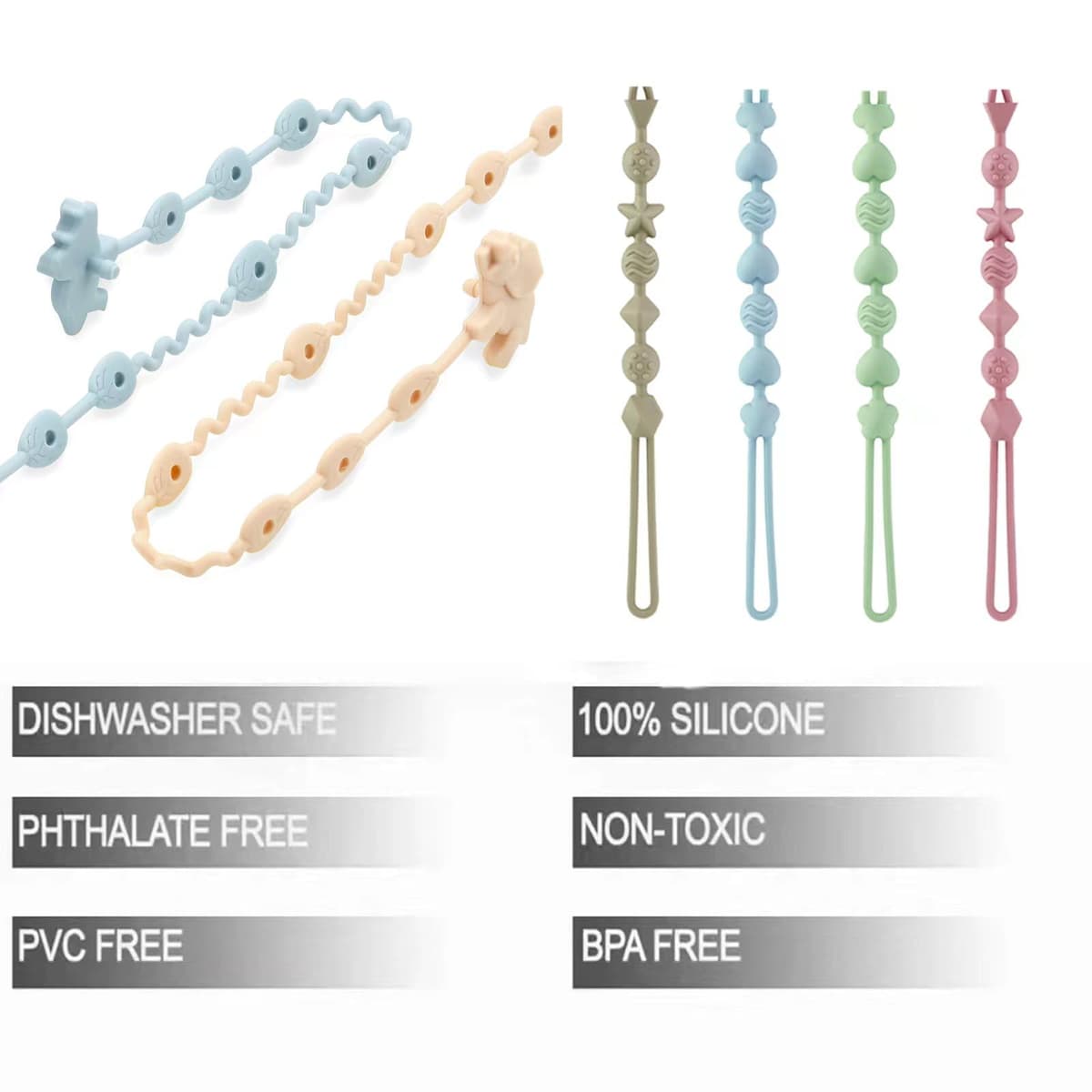 PandaEar Pack de 8 Correas para Juguetes de Bebé y Clips de Chupete de Silicona, Correas Arnés para Mordedor de Chupete de Dinosaurio y Clips Sujetadores de Chupete para Niños y Niñas — view 2