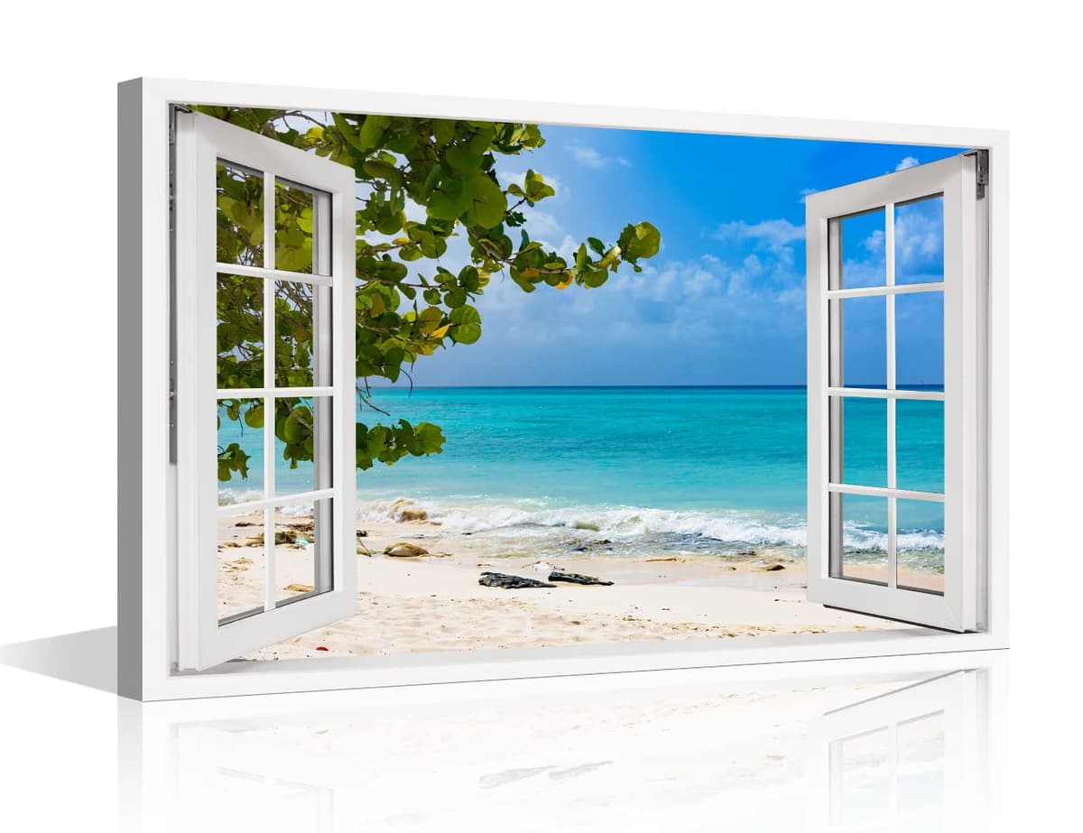 TISHIRON 3D Window View Seaside Effect Canvas Wall Art Prints for Living Room Bedroom Decor Office Kitchen Home Decoration Framed Ready to Hang 12x18inch — view 18