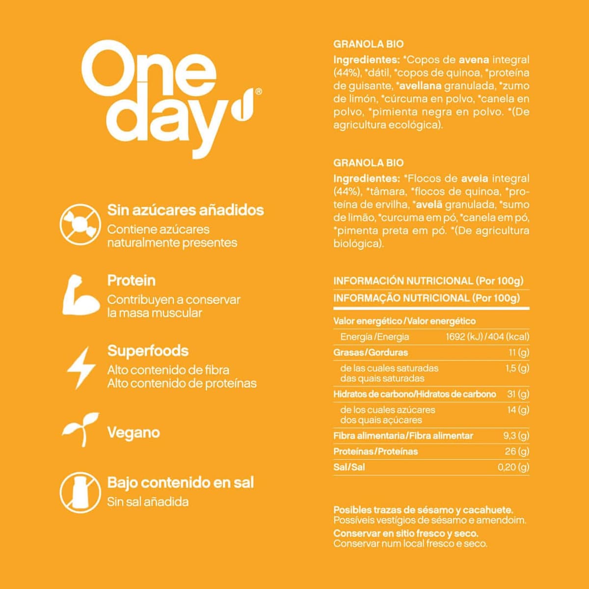 ONE DAY Granola Ecologica, Sin Azucares Añadidos, Alto en Proteína con Superfoods, Altro en Fibra, Pack 6 x 300g (Original, Pack 6 unidades) — view 2