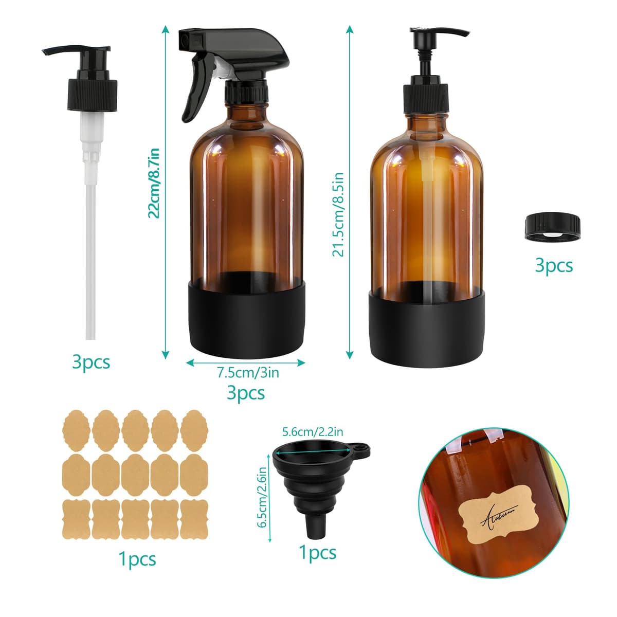 Juego de 3 botellas de spray de vidrio de 500 ml, rellenables, con pulverizador de gatillo ajustable para pulverizar y nebulizar - Botellas de spray de agua vacías color ámbar para cabello, jardinería — view 2