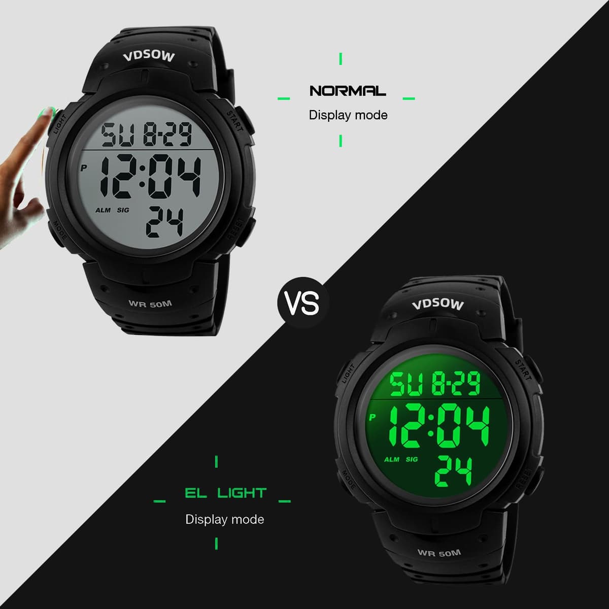 Mens Sports Digital Watches - Outdoor Waterproof Sport Watch with Alarm/Timer, Big Face Military Wrist Watches with LED Backlight for Running Men - Black — view 3