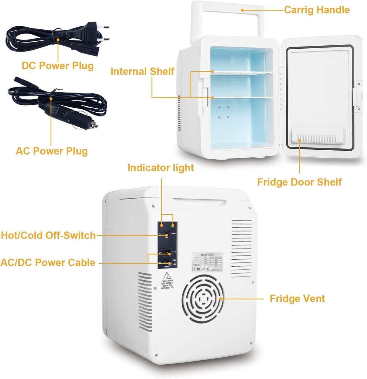 ARTETHYS Mini Fridge for Bedrooms 10L Compact Car Fridge Mini Refrigerator with System Cooler and Warmer for Home Office, 220V AC/12V DC, Black — view 5