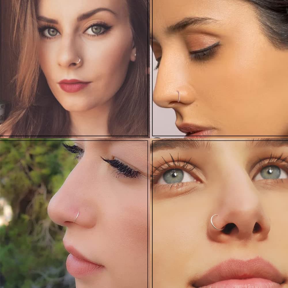VYIZERR 3pk Silver Nose Rings Hoops Thin Snug Surgical Steel Nose Septum Tragus Earring lip Nostril Piercing Jewelry for Women, 20g guage + 3 Size in 1- Pack 6mm 8mm 10mm — view 5