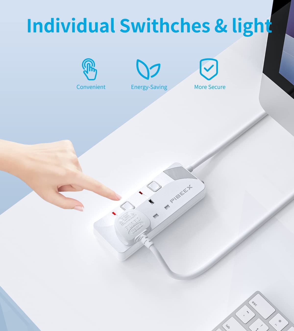 PIBEEX Extension Lead 2 Way Plug Sockets with Individual Switches Wall Mountable Power Strip 3M Extension Cable 13A Fused UK Plug 3250W — view 3