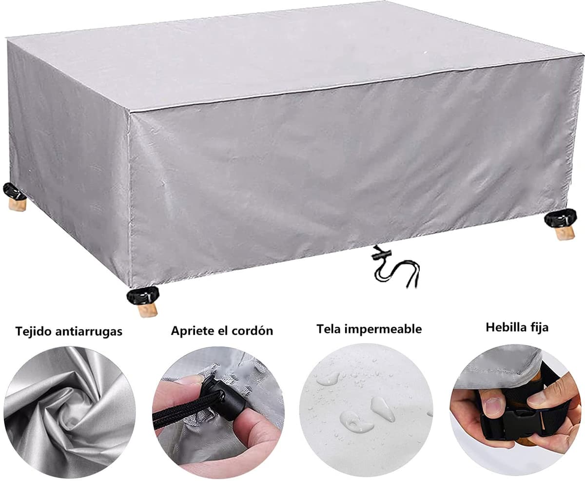 Funda Mesa Jardin Impermeable Varios tamaños 420D Oxford Rectangular Cubre Mueble Jardin Funda Impermeable Anti-UV Resitente al Polvo para Muebles de Exterior sillas mesas Plata 220x110x75cm — view 2