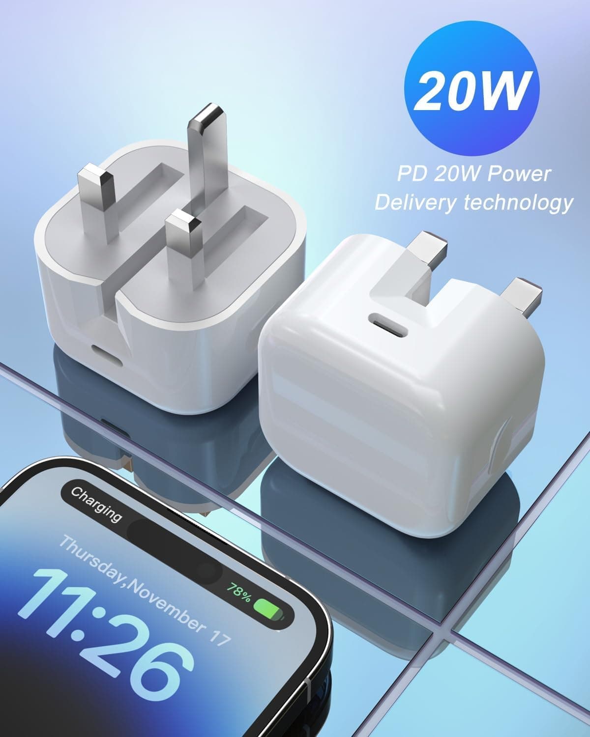 iPad Charger Plug USBC,2Pack 20W Apple Plug USBC USB-C Power Adapter UK Fast Charge for Pro 12.9 11 13 inch 4th 5th 6th M4 Generation/Air 10.9 11 5th Gen M2 M3/Mini 6 7/i Pad 5-10th A16 11th 2017-2025 — view 3