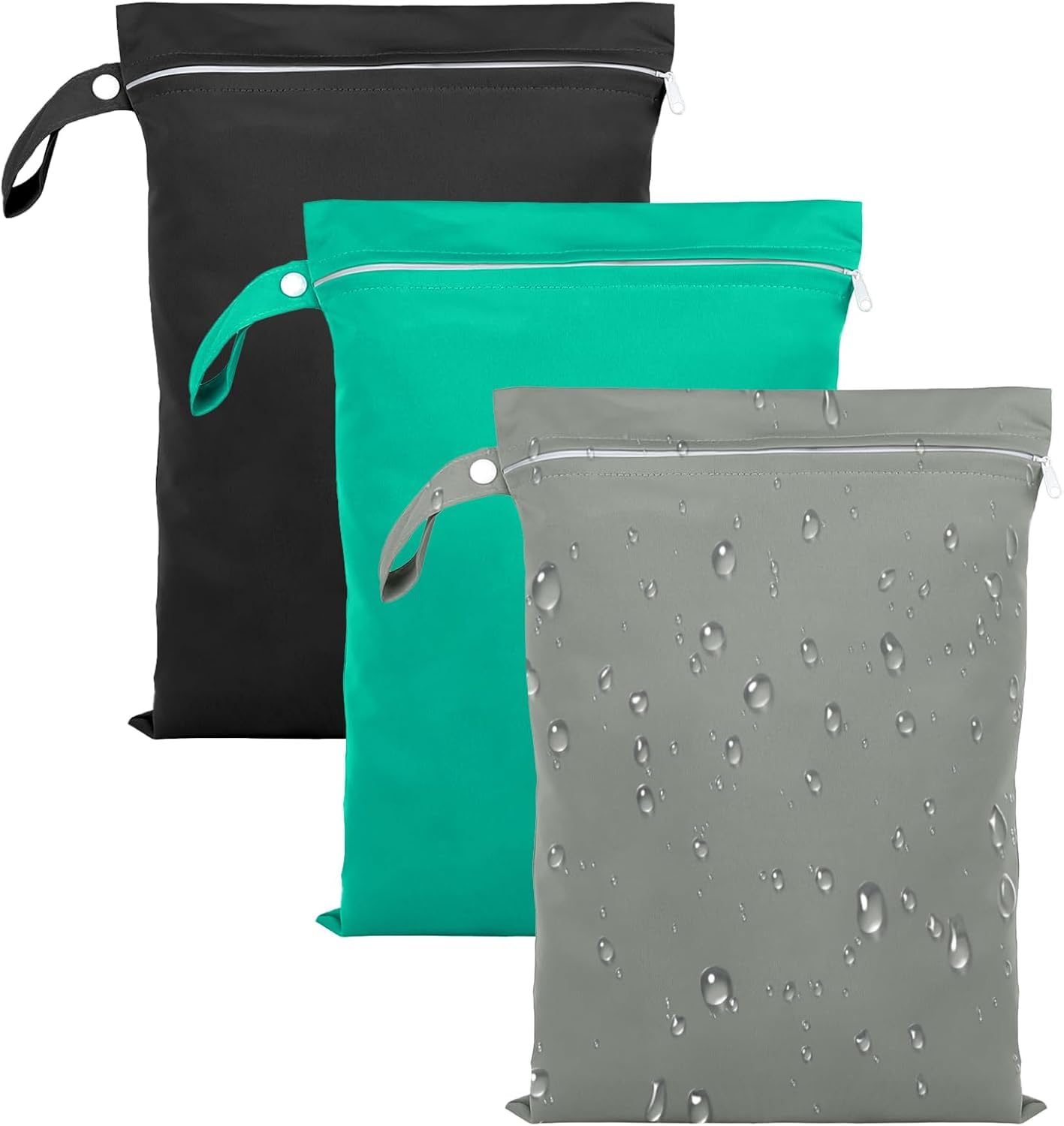 3 PCS Wet Bags, Reusable Cloth Diaper Bags with Handle and Zipper, 40 x 30 cm Wet Bags for Swimming Travel, Washable Wet Dry Bag for Travel, Beach, Camping, Swimming, Gym (Grey, Green, Black)