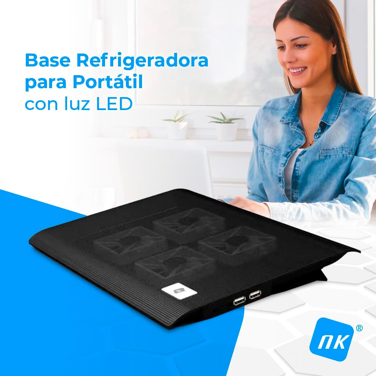 NK Base Refrigeradora Portátil - Ventilador Ordenador Portatil de 12-17" con Soporte, 4 Ventiladores Silenciosos, 2 Puertos USB, Refrigeración Rápida, Luz LED Azul - Color Negro — view 2