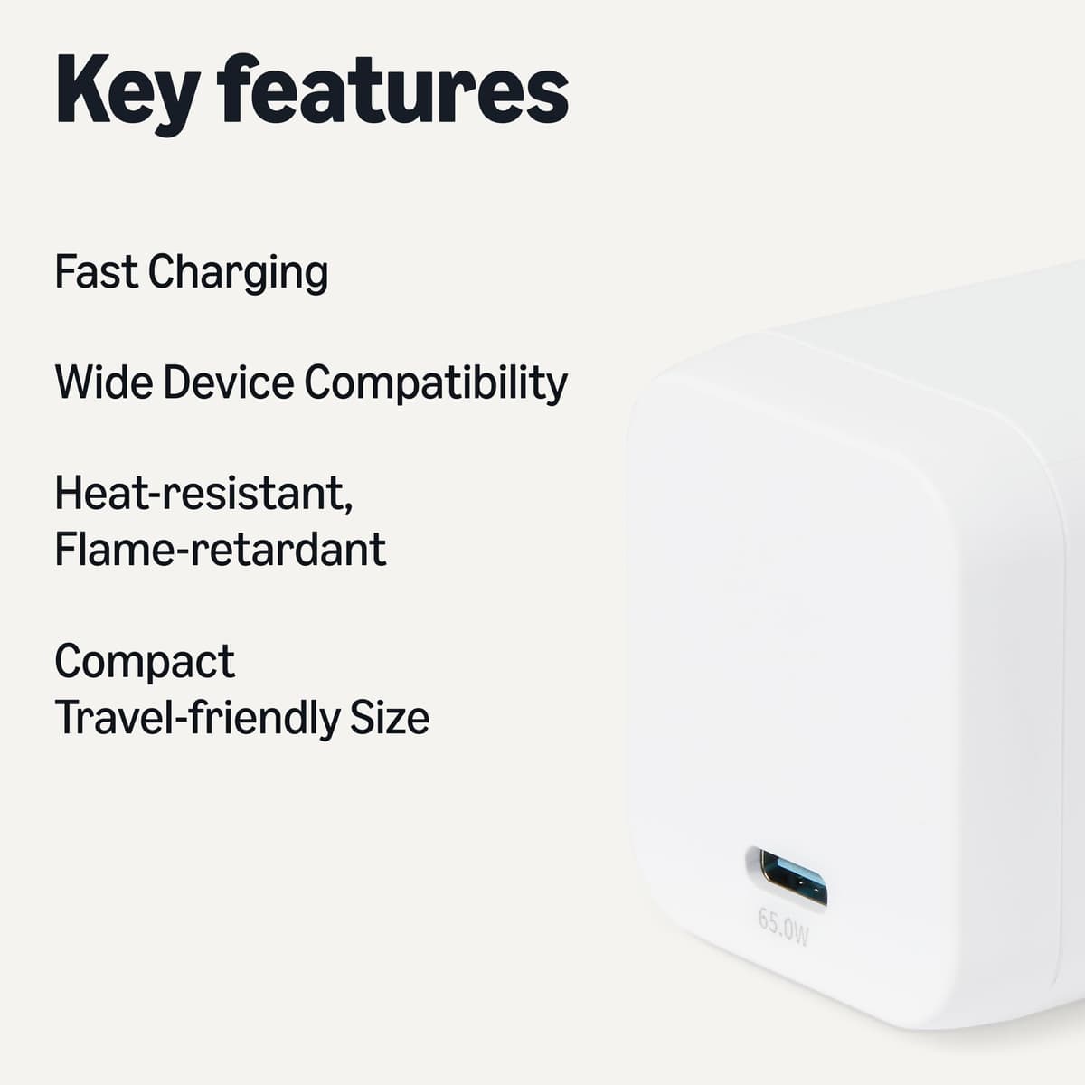 Amazon Basics Fast Charging USB C Nano GaN Wall Charger, 65W 1-Port PD 3.1 for Laptops, Tablets, Phones, White — view 2
